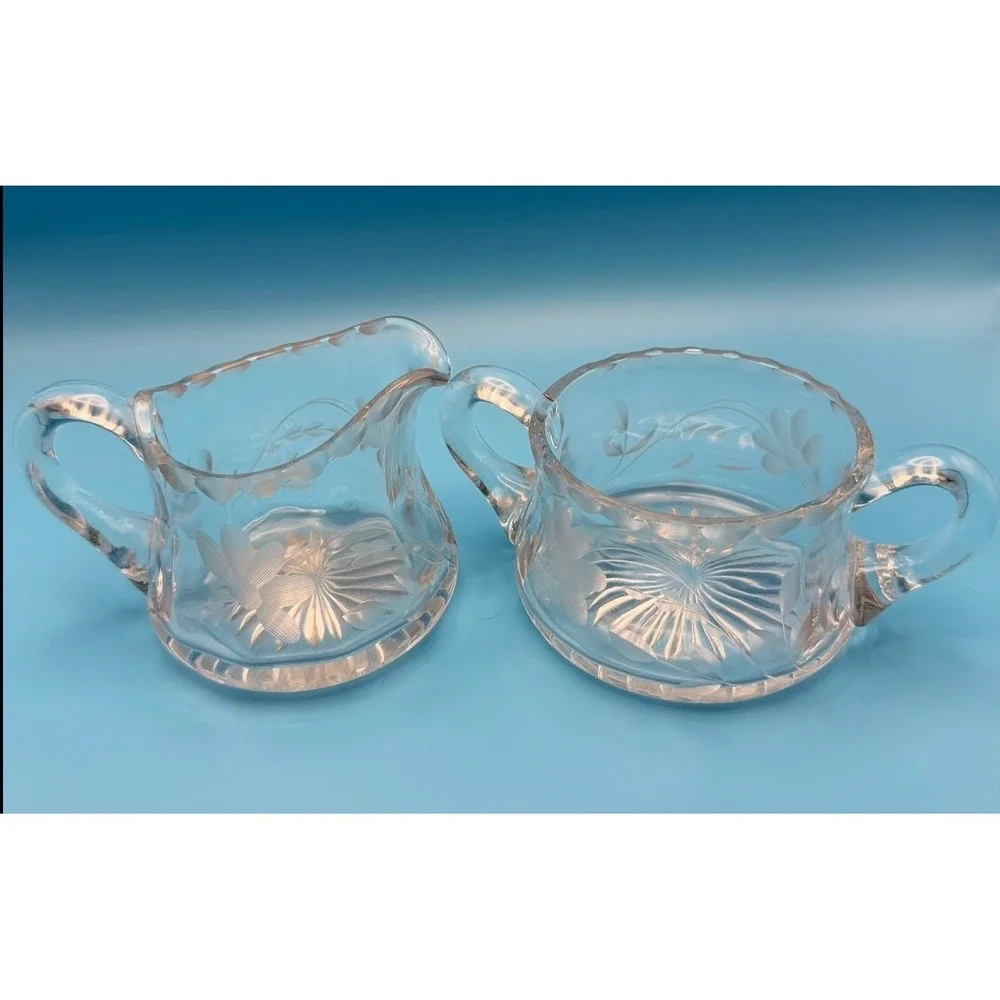 Vintage Etched Glass Creamer and Sugar Bowl Set Manganese Glow Starburst Base